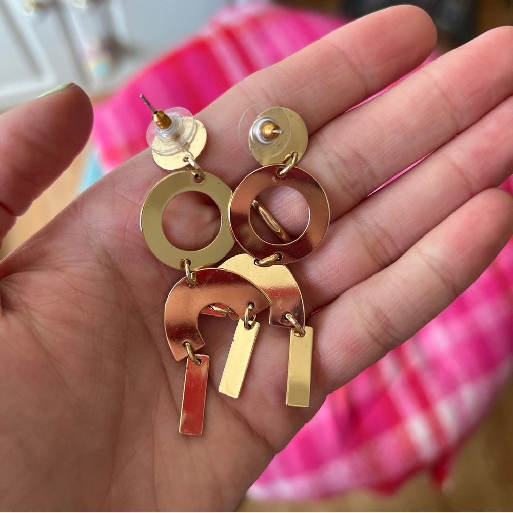 Gold Geometric Shape Dangle Earrings - Picture 3 of 4